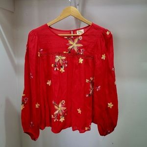 Anthropolgie Fig & Flower Long-Sleeved Red Embroidered Floral Blouse - Size M